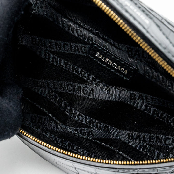 Top Quality Balenciaga SOUVENIR BELT BAG Croc-Embossed Calfskin Black GHW