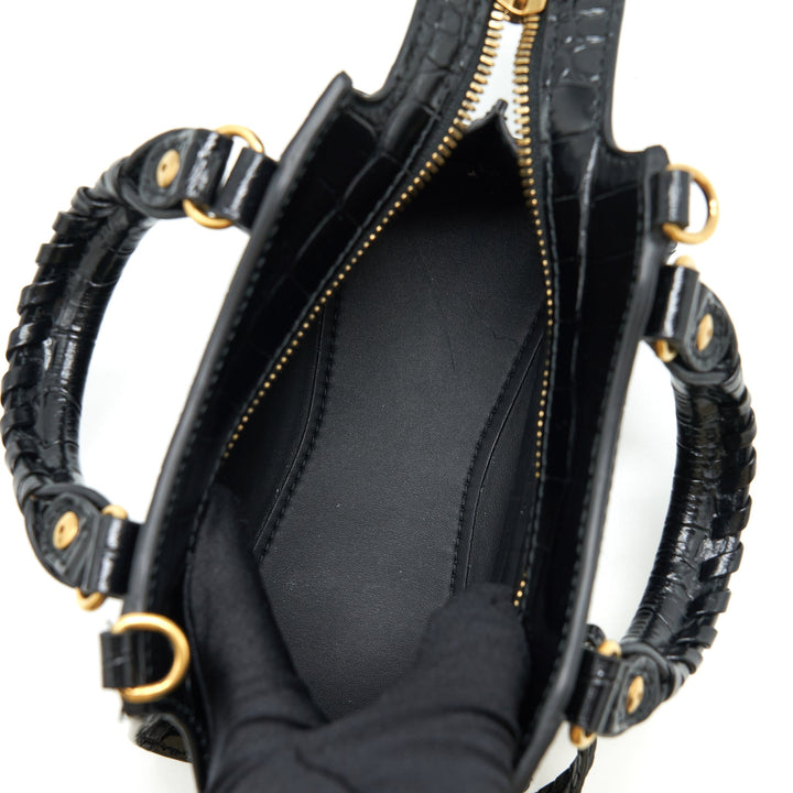 Top Quality Balenciaga Nano Neo Classic City Bag Croc-Embossed Calfskin Black GHW