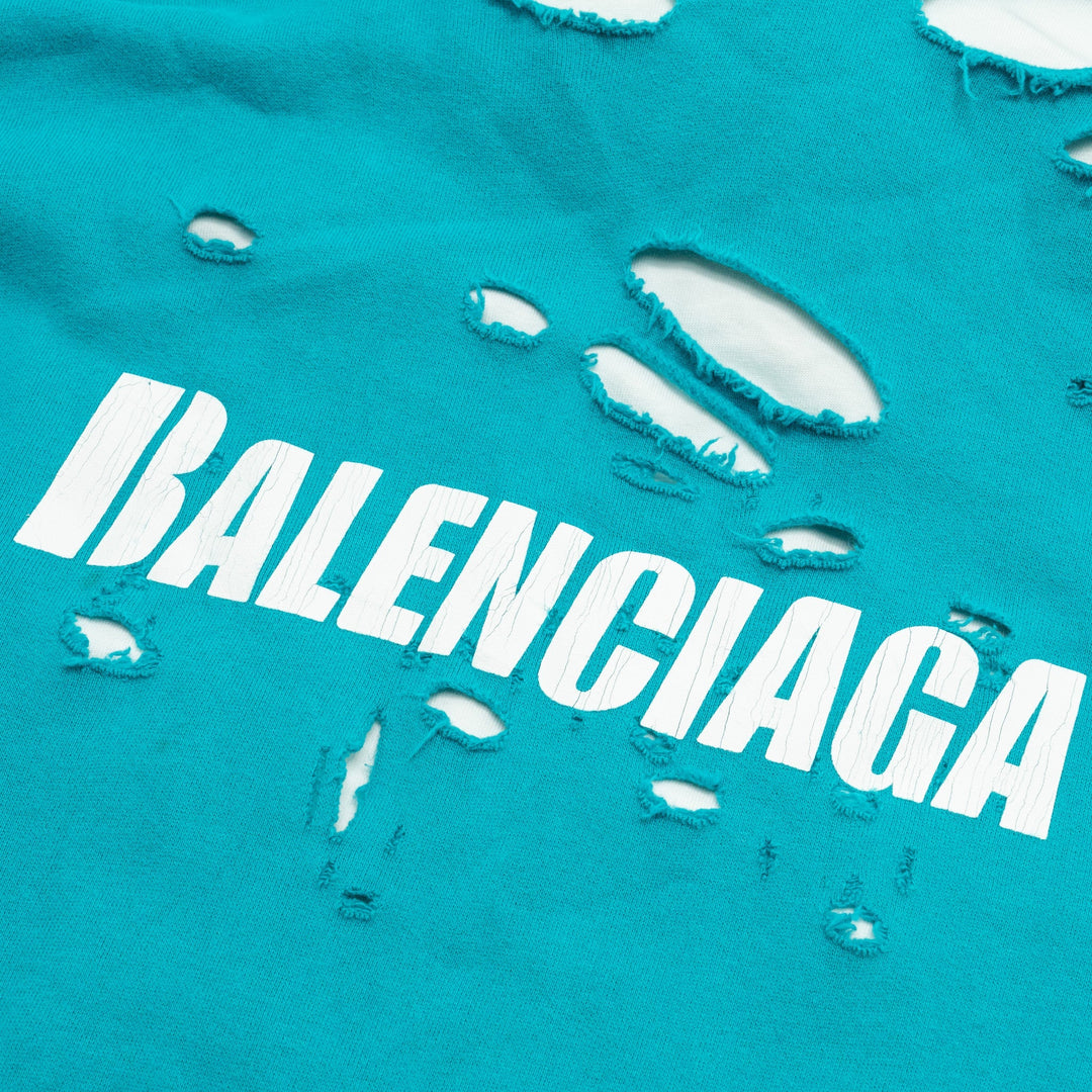 Top Quality Balenciaga size XS ripped oversized logo hoodie blue