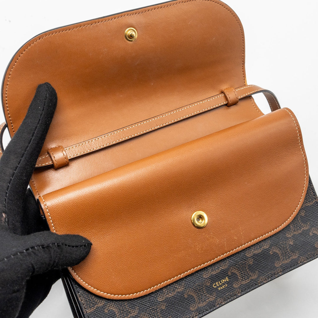 Top Quality Celine Wallet on strap Triomphe Canvas / Smooth Lambskin Tan