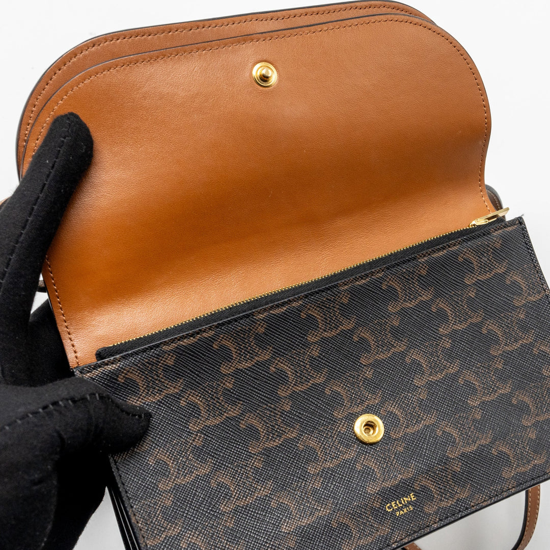 Top Quality Celine Wallet on strap Triomphe Canvas / Smooth Lambskin Tan