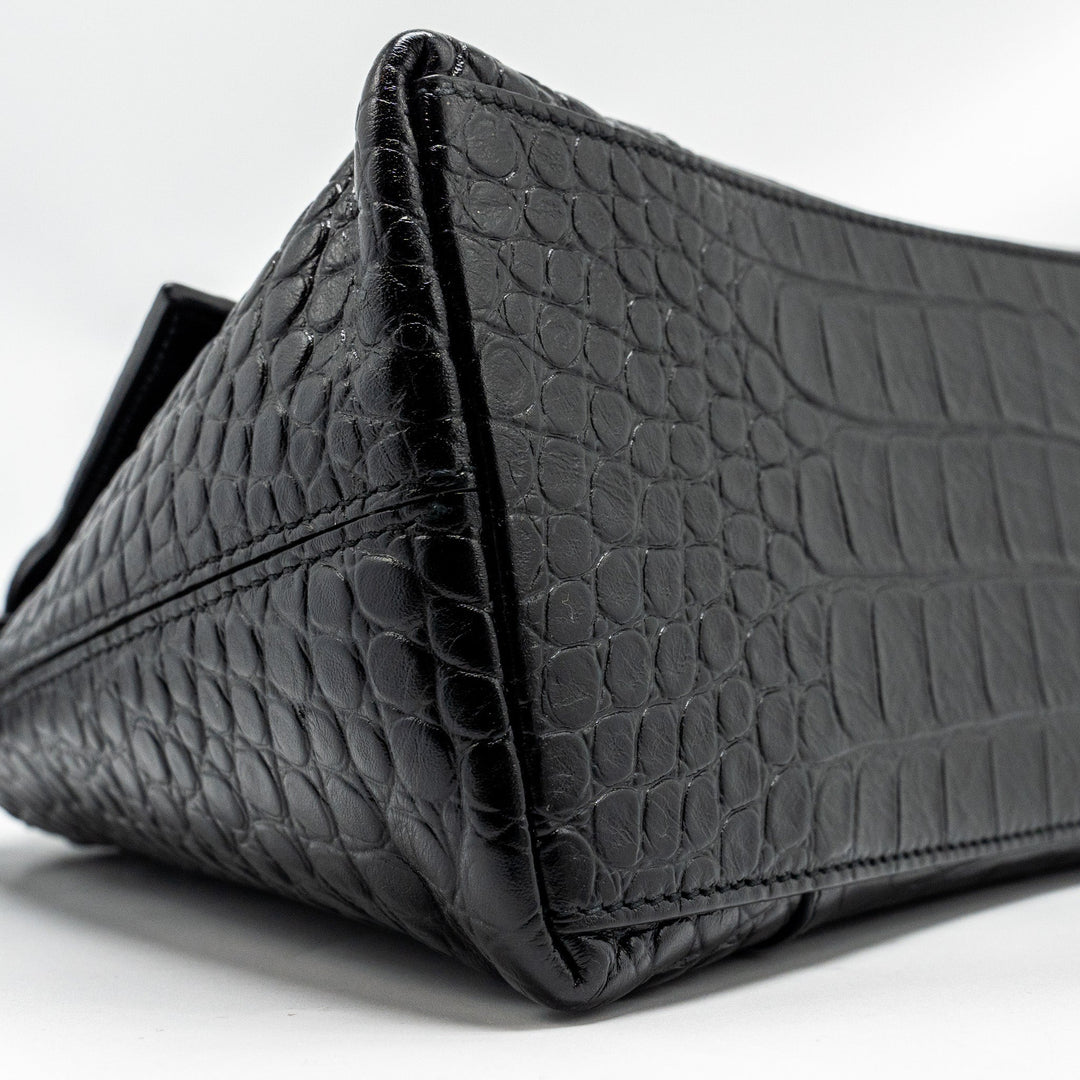 Top Quality Balenciaga Limited Edition Downtown Small Shoulder Bag Croc-Embossed Calfskin Black with Black Hardware