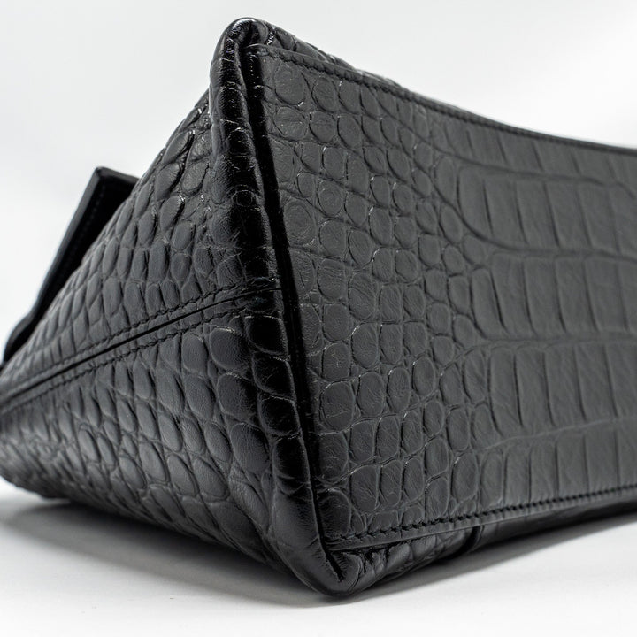 Top Quality Balenciaga Limited Edition Downtown Small Shoulder Bag Croc-Embossed Calfskin Black with Black Hardware