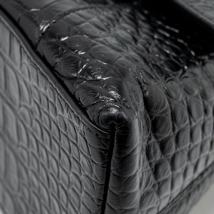 Top Quality Balenciaga Limited Edition Downtown Small Shoulder Bag Croc-Embossed Calfskin Black with Black Hardware
