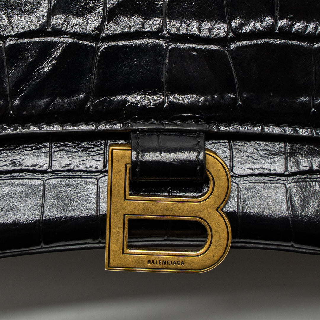 Top Quality Balenciaga Small Hourglass Bag Croc-Embossed Calfskin Black GHW