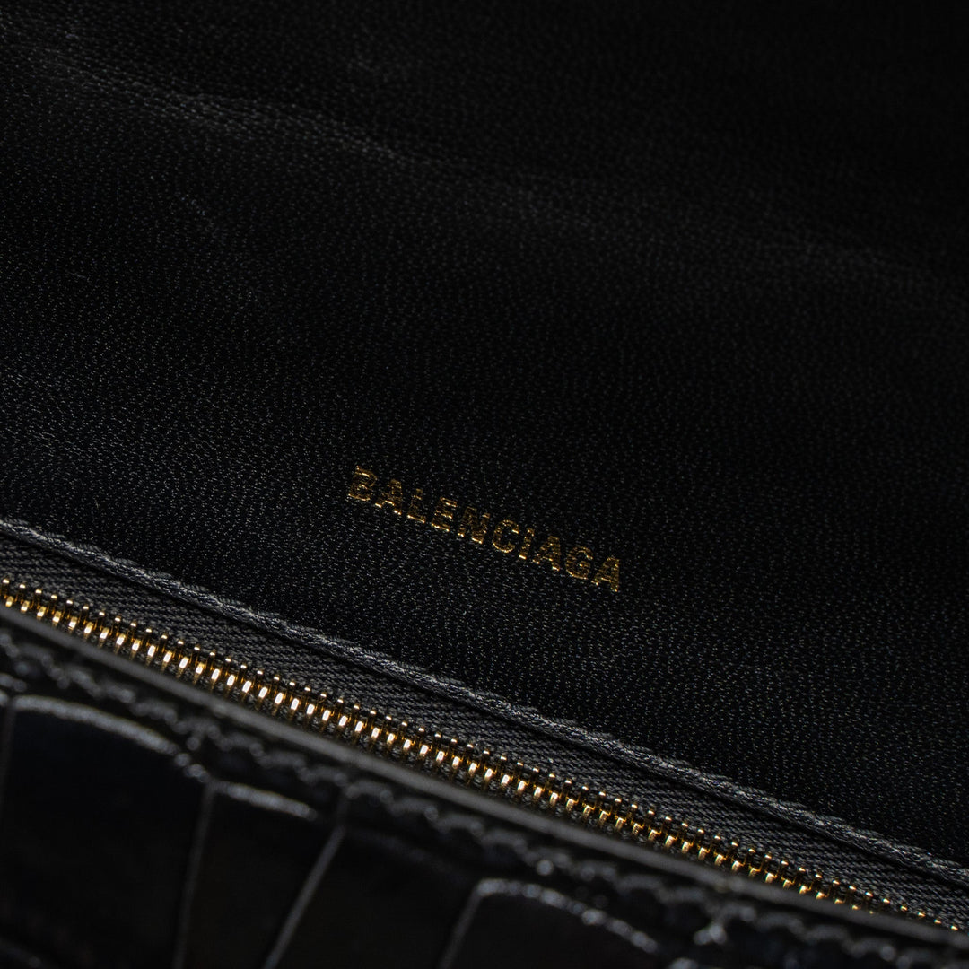 Top Quality Balenciaga Small Hourglass Bag Croc-Embossed Calfskin Black GHW