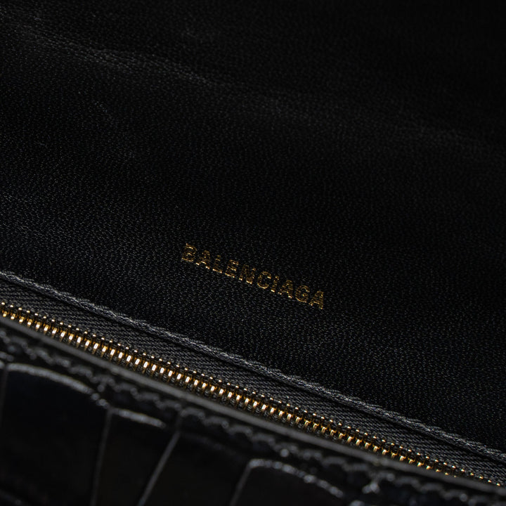 Top Quality Balenciaga Small Hourglass Bag Croc-Embossed Calfskin Black GHW