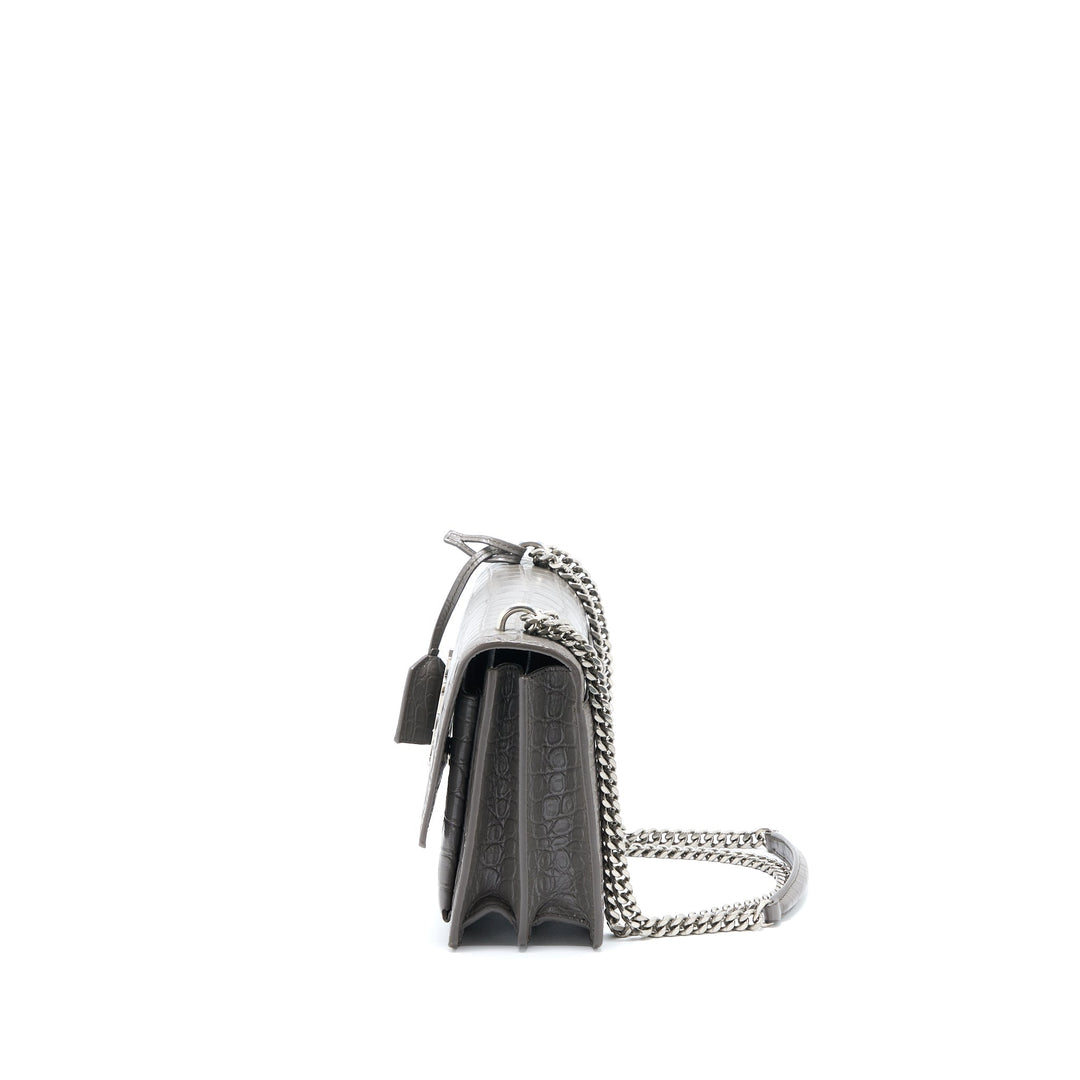Saint Laurent Medium Sunset Chain Bag Croc Embossed Calfskin Grey SHW