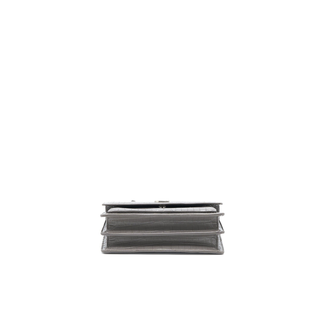 Saint Laurent Medium Sunset Chain Bag Croc Embossed Calfskin Grey SHW