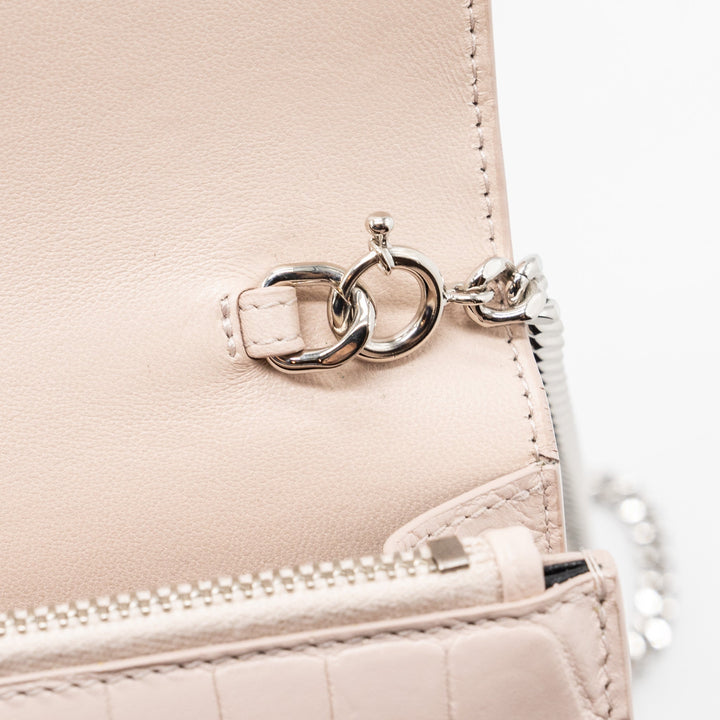 Saint Laurent Kate Wallet On Chain Croc Embossed Leather Light Pink SHW