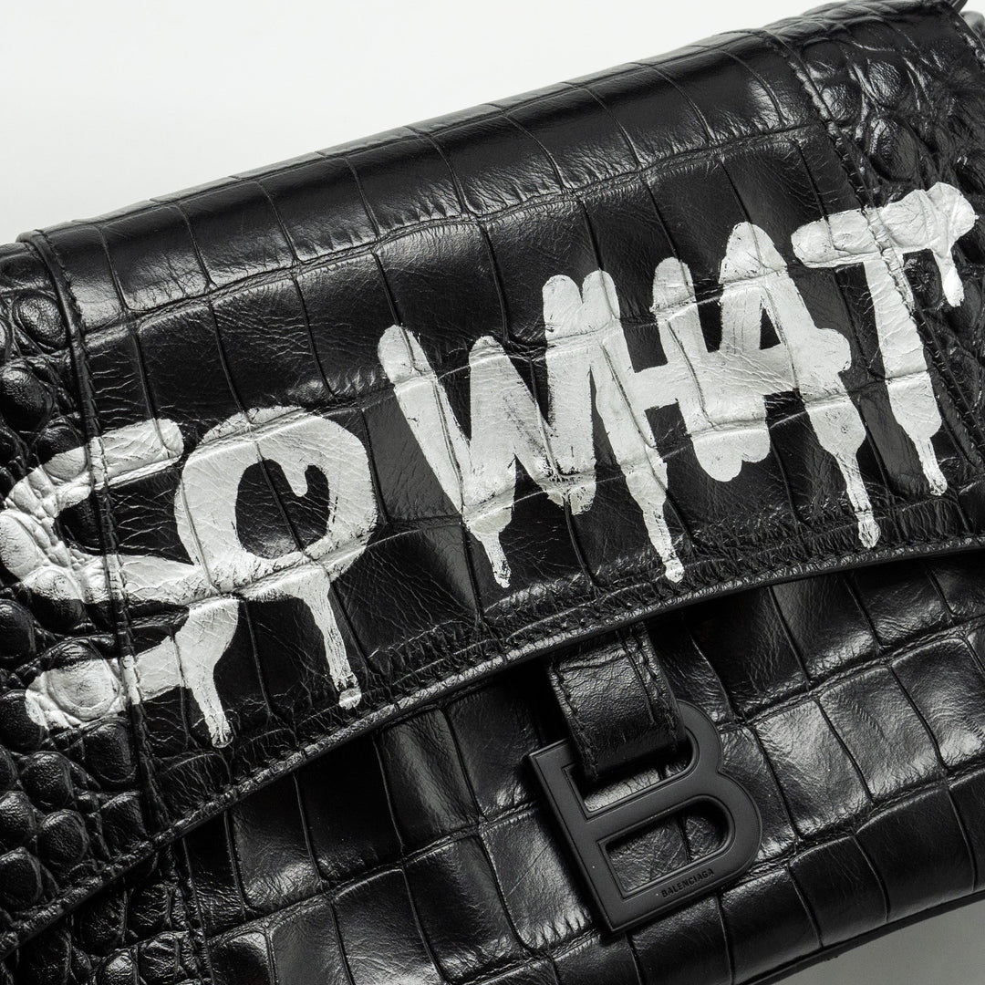 Top Quality Balenciaga Limited Edition Downtown Small Shoulder Bag Croc-Embossed Calfskin Black with Black Hardware