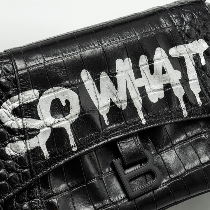 Top Quality Balenciaga Limited Edition Downtown Small Shoulder Bag Croc-Embossed Calfskin Black with Black Hardware