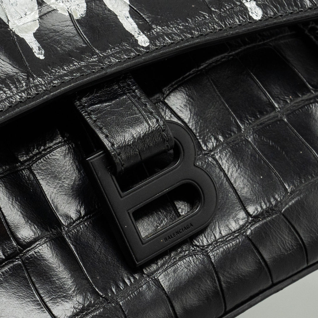 Top Quality Balenciaga Limited Edition Downtown Small Shoulder Bag Croc-Embossed Calfskin Black with Black Hardware