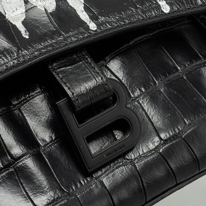 Top Quality Balenciaga Limited Edition Downtown Small Shoulder Bag Croc-Embossed Calfskin Black with Black Hardware