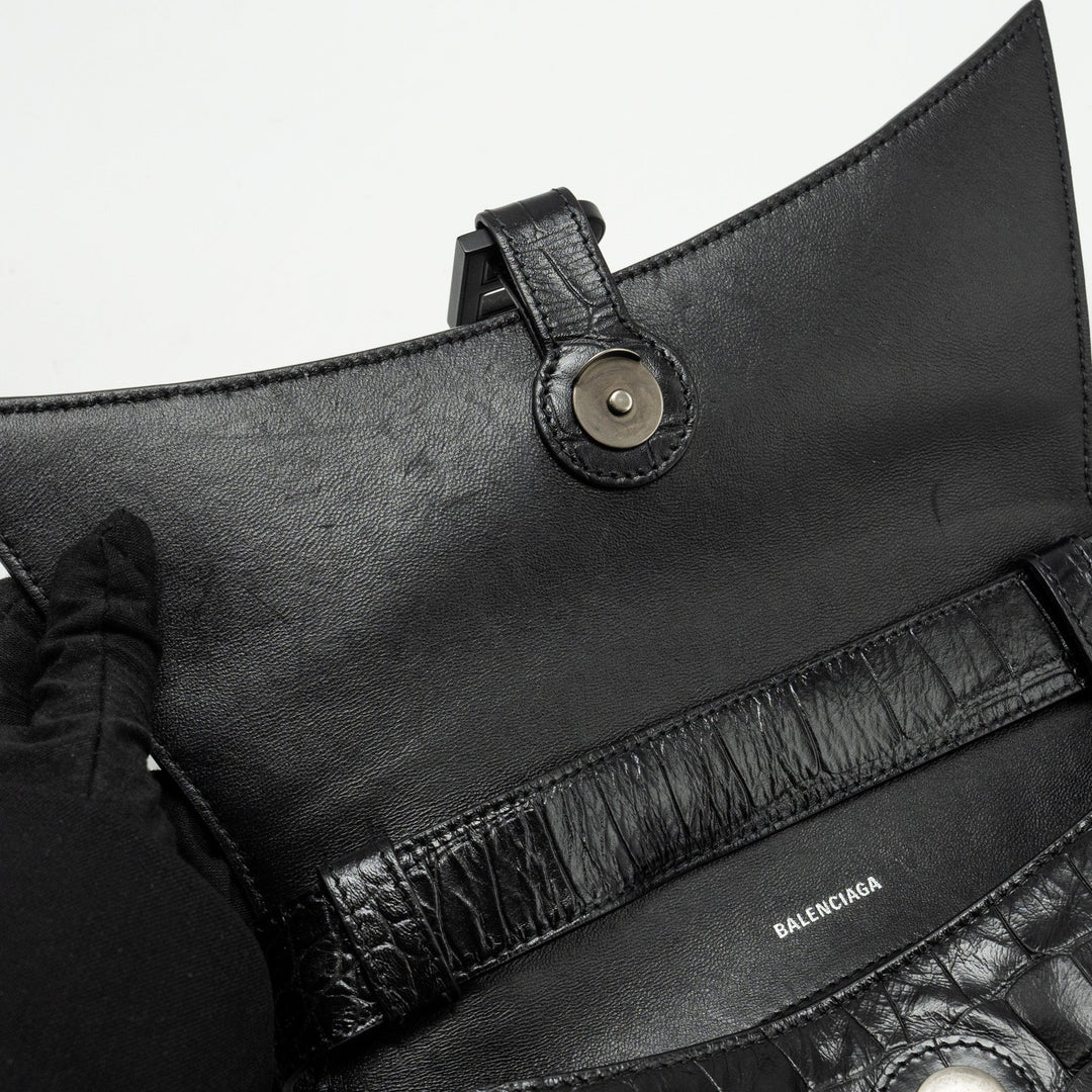 Top Quality Balenciaga Limited Edition Downtown Small Shoulder Bag Croc-Embossed Calfskin Black with Black Hardware
