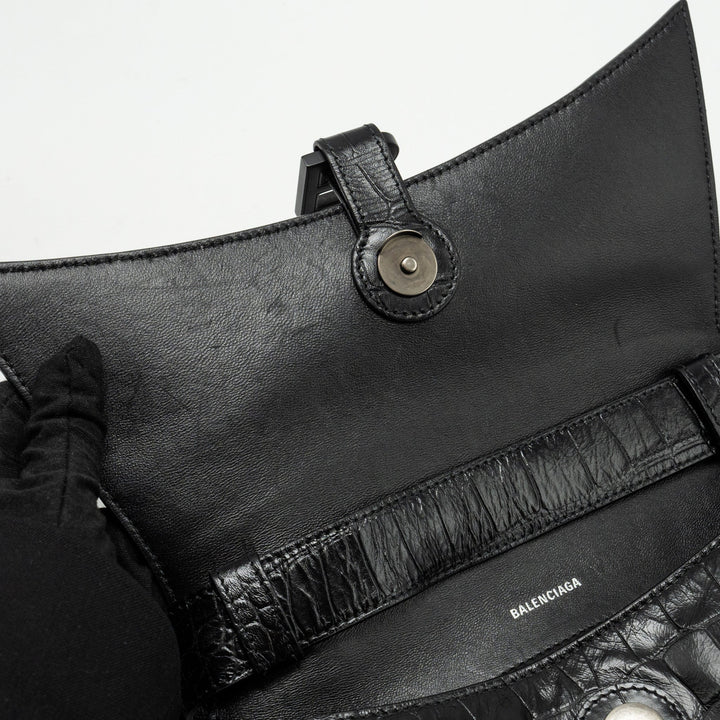 Top Quality Balenciaga Limited Edition Downtown Small Shoulder Bag Croc-Embossed Calfskin Black with Black Hardware