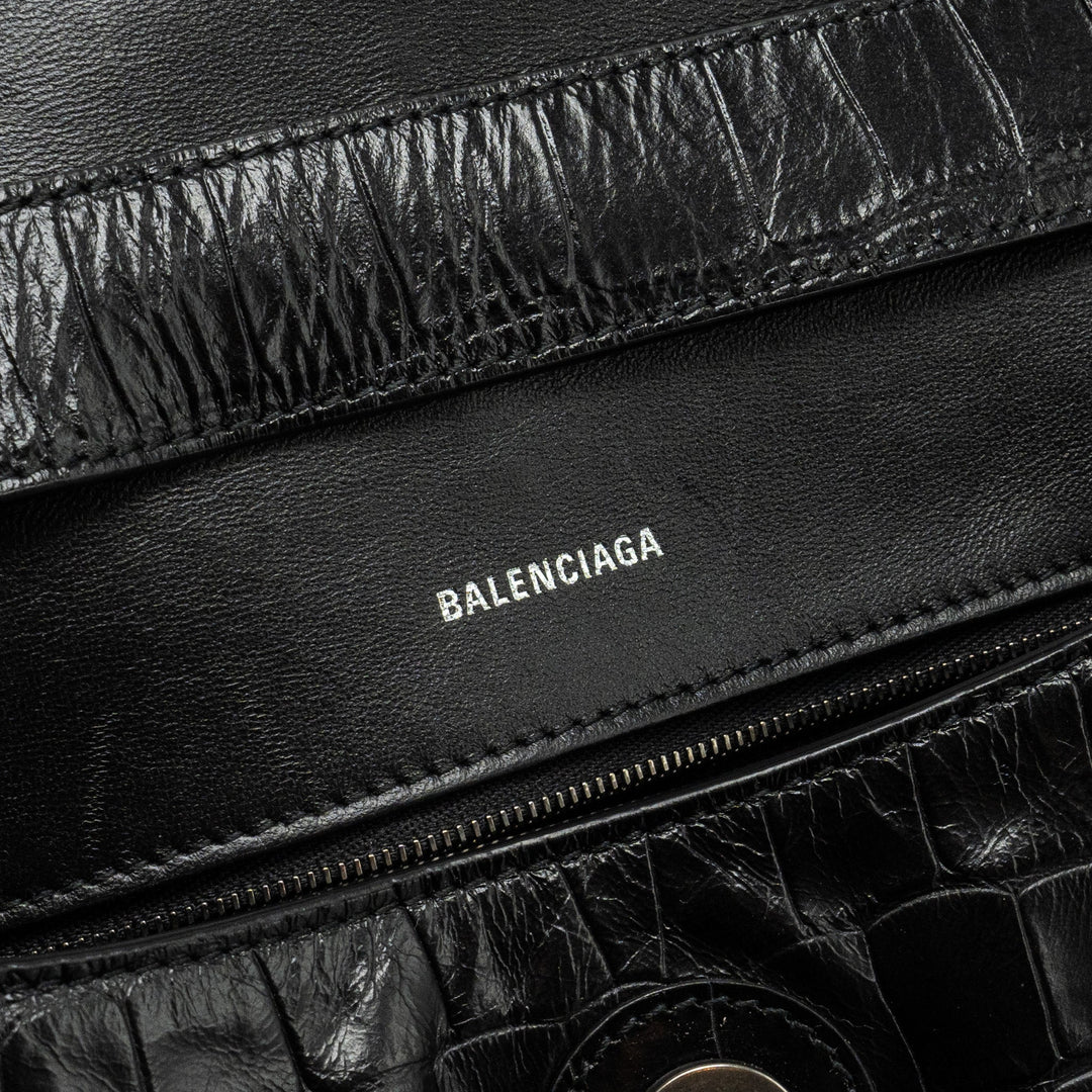Top Quality Balenciaga Limited Edition Downtown Small Shoulder Bag Croc-Embossed Calfskin Black with Black Hardware