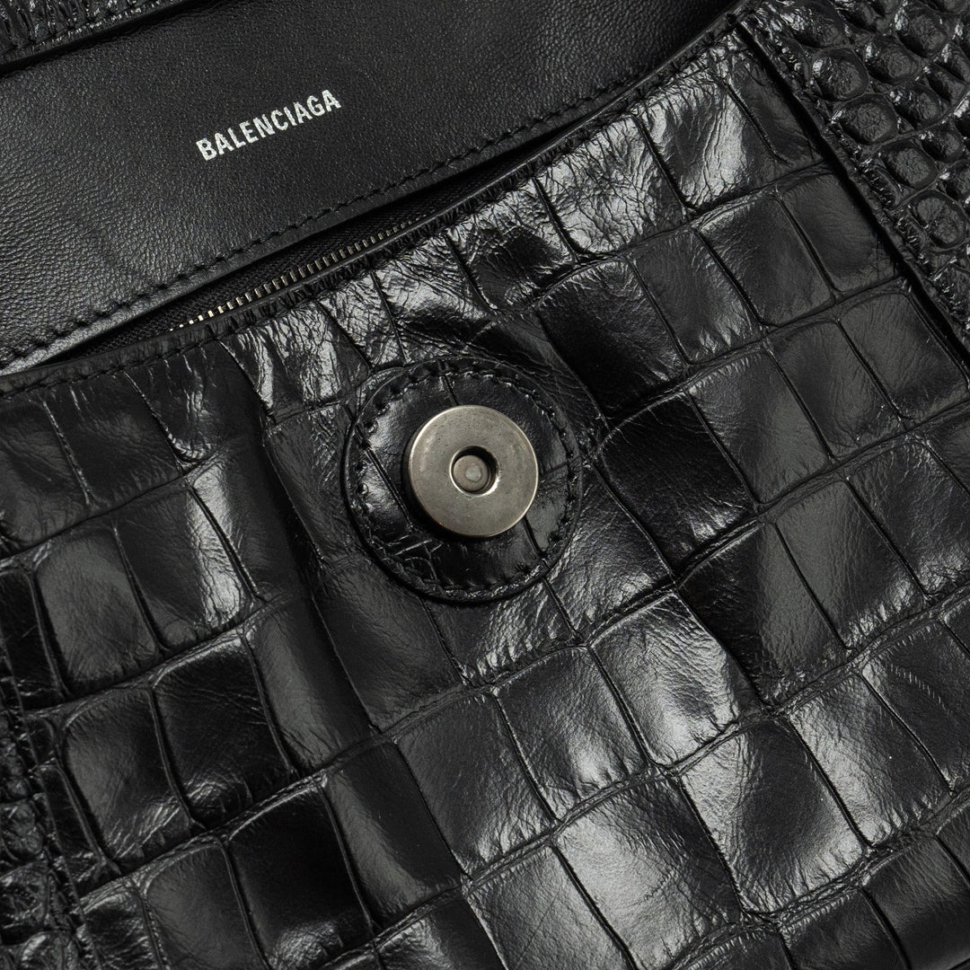 Top Quality Balenciaga Limited Edition Downtown Small Shoulder Bag Croc-Embossed Calfskin Black with Black Hardware