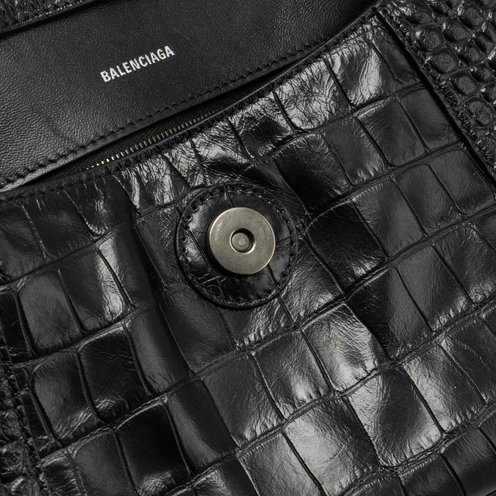 Top Quality Balenciaga Limited Edition Downtown Small Shoulder Bag Croc-Embossed Calfskin Black with Black Hardware