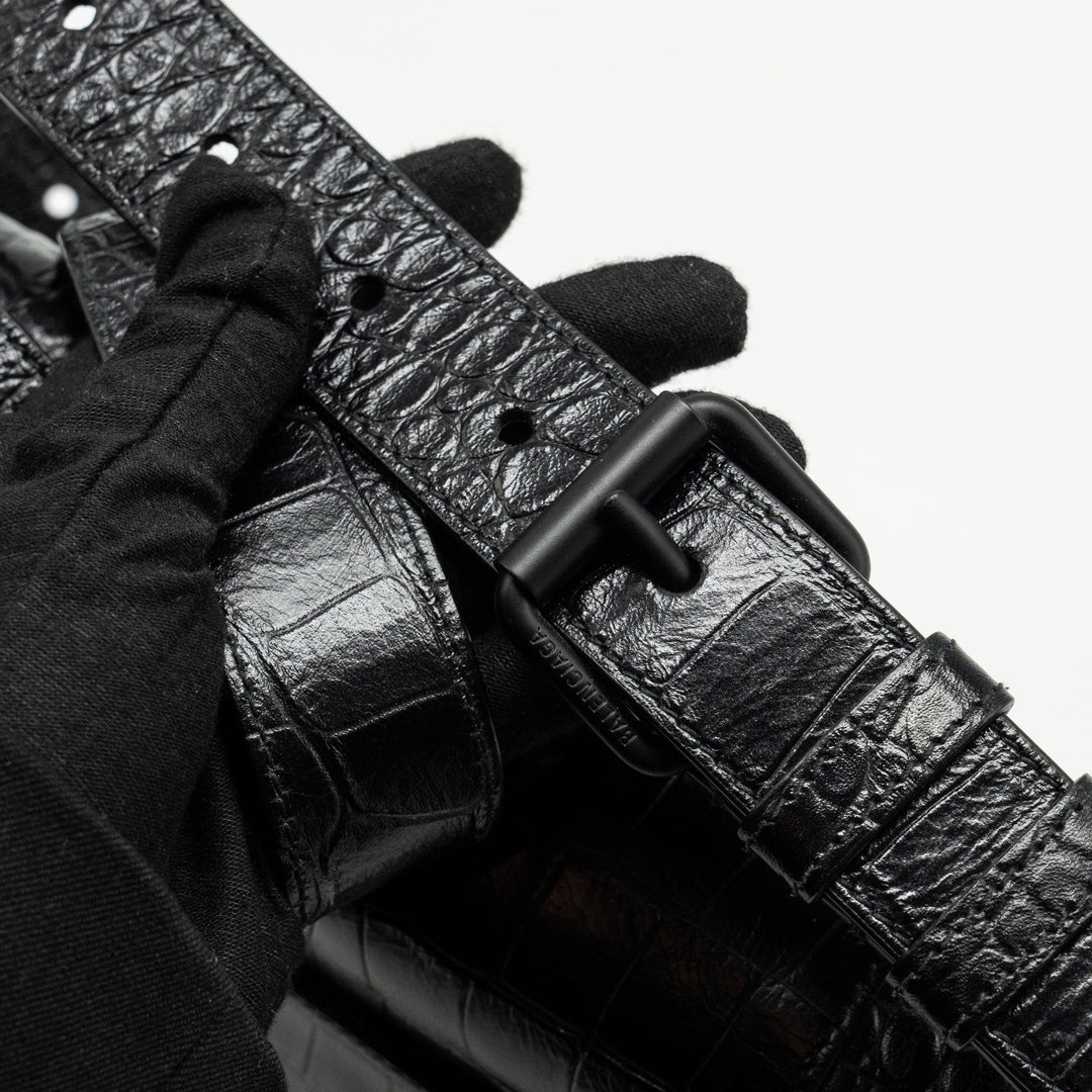 Top Quality Balenciaga Limited Edition Downtown Small Shoulder Bag Croc-Embossed Calfskin Black with Black Hardware