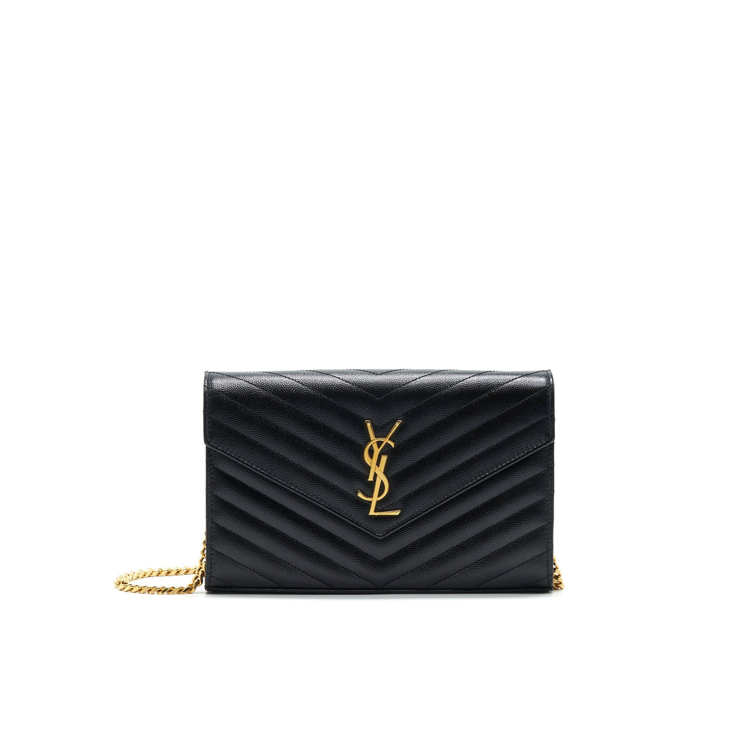 SAINT LAURENT Monogram Chain Wallet in Grain De Poudre Embossed Leather in Black