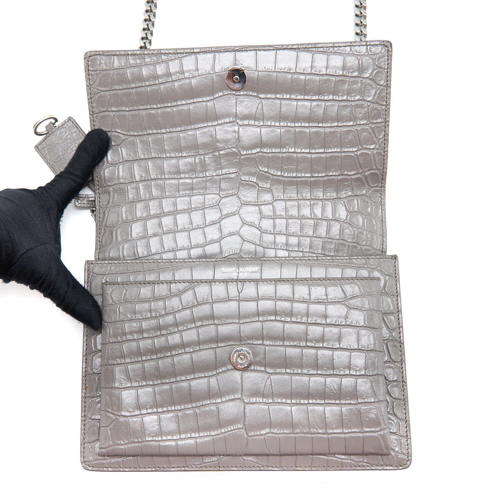 Saint Laurent Medium Sunset Chain Bag Croc Embossed Calfskin Grey SHW