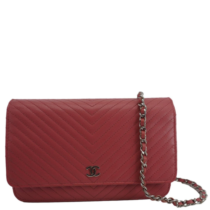 Top Quality Chanel CC WOC Chevron Leather Wallet On Chain Crossbody Bag Pink