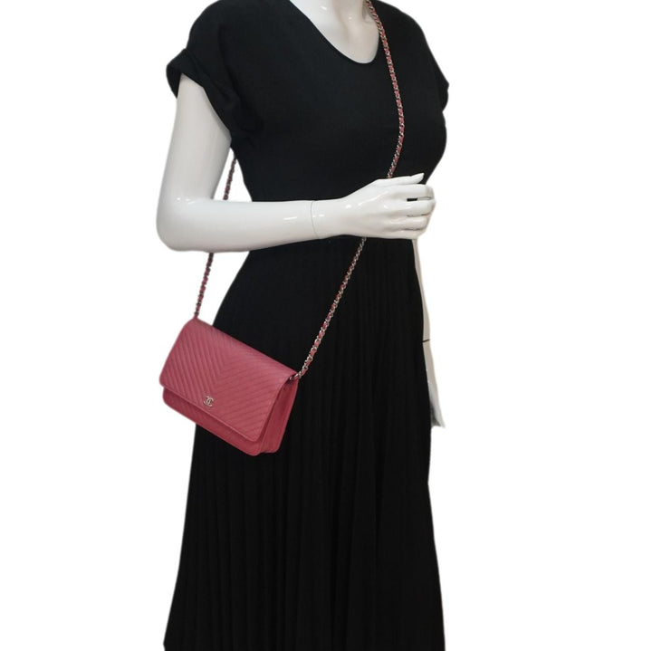 Top Quality Chanel CC WOC Chevron Leather Wallet On Chain Crossbody Bag Pink