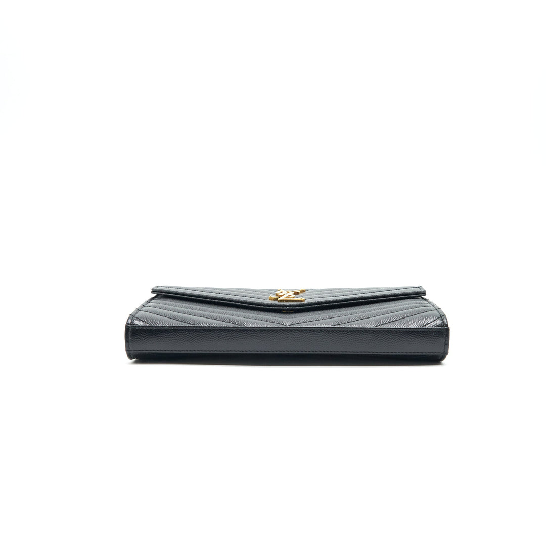 SAINT LAURENT Monogram Chain Wallet in Grain De Poudre Embossed Leather in Black