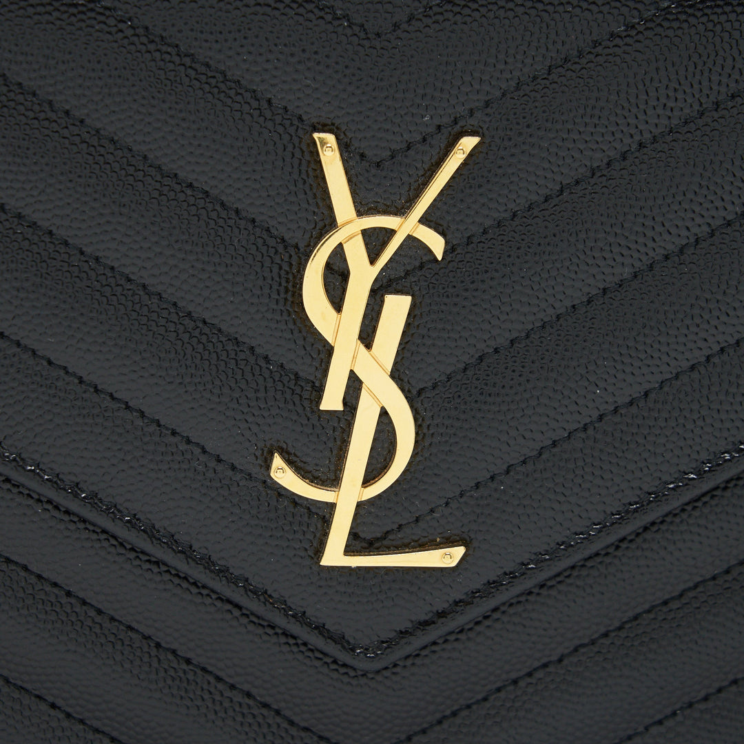 SAINT LAURENT Monogram Chain Wallet in Grain De Poudre Embossed Leather in Black