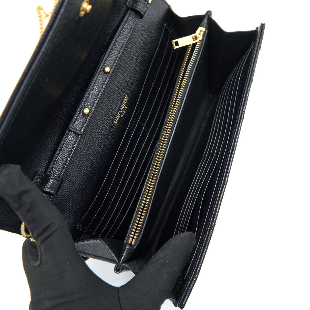 SAINT LAURENT Monogram Chain Wallet in Grain De Poudre Embossed Leather in Black