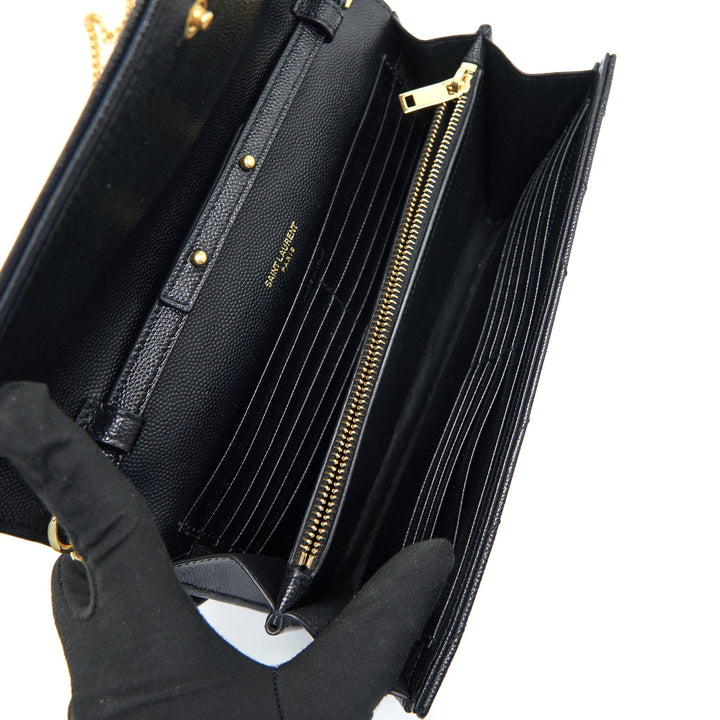 SAINT LAURENT Monogram Chain Wallet in Grain De Poudre Embossed Leather in Black