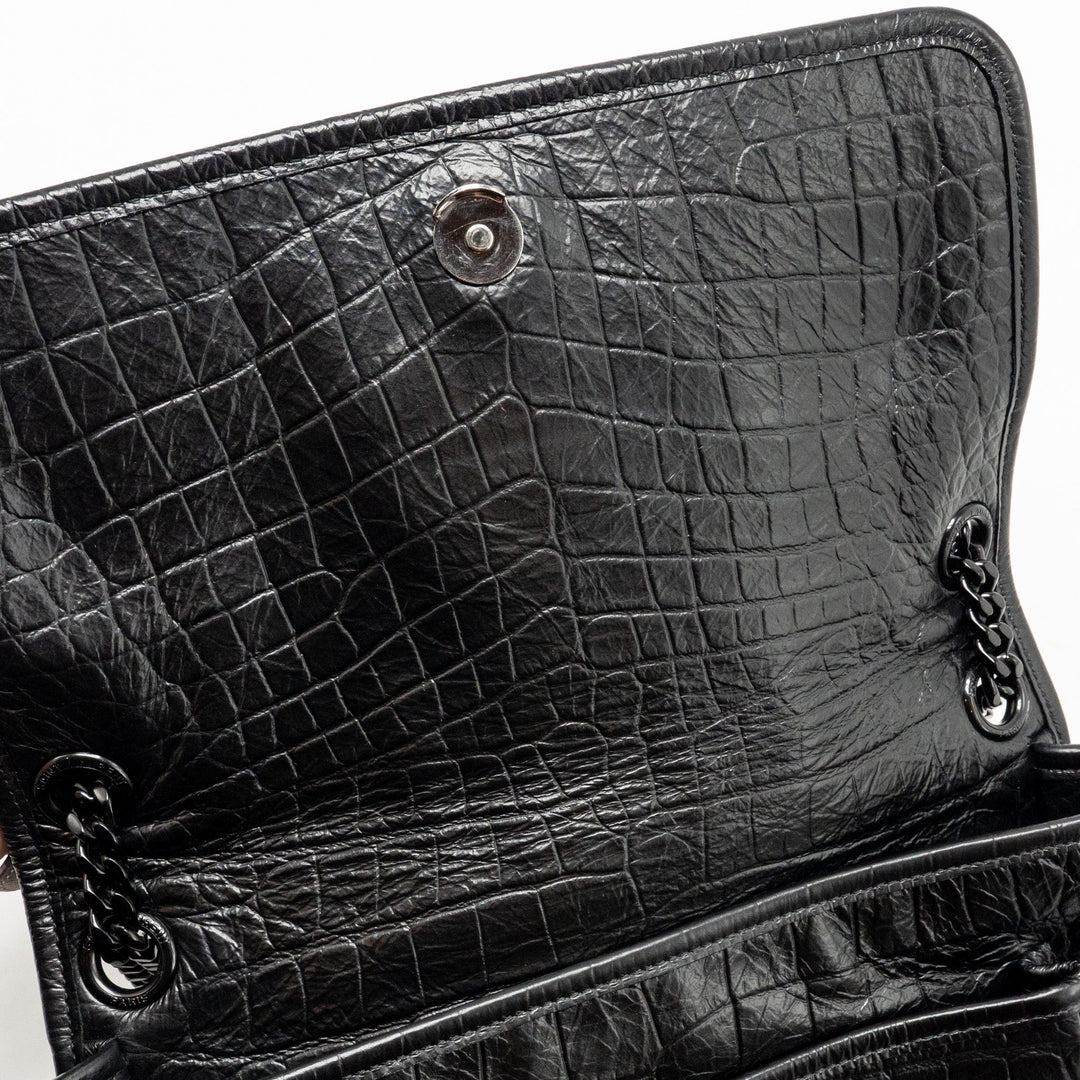 Saint Laurent/YSL Medium Niki Bag Crocodile-Embossed Black Calfskin Black Hardware