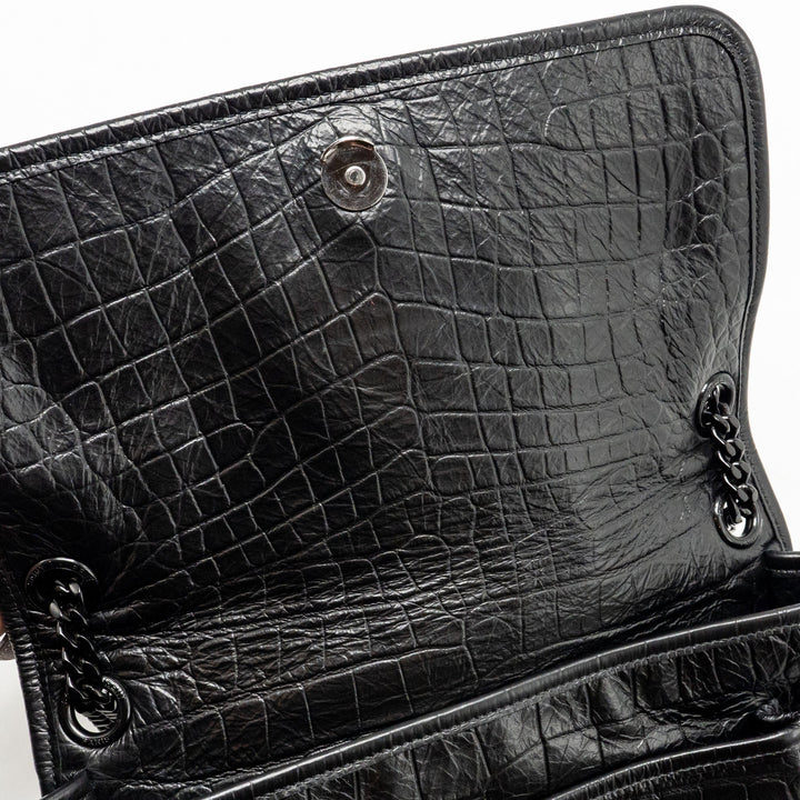 Saint Laurent/YSL Medium Niki Bag Crocodile-Embossed Black Calfskin Black Hardware