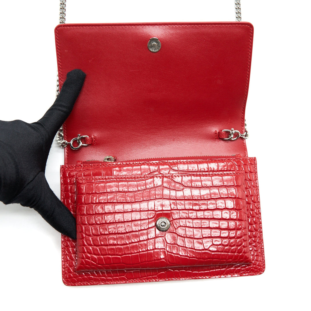 Saint Laurent/ YSL Mini Sunset Crocodile Embossed Red SHW