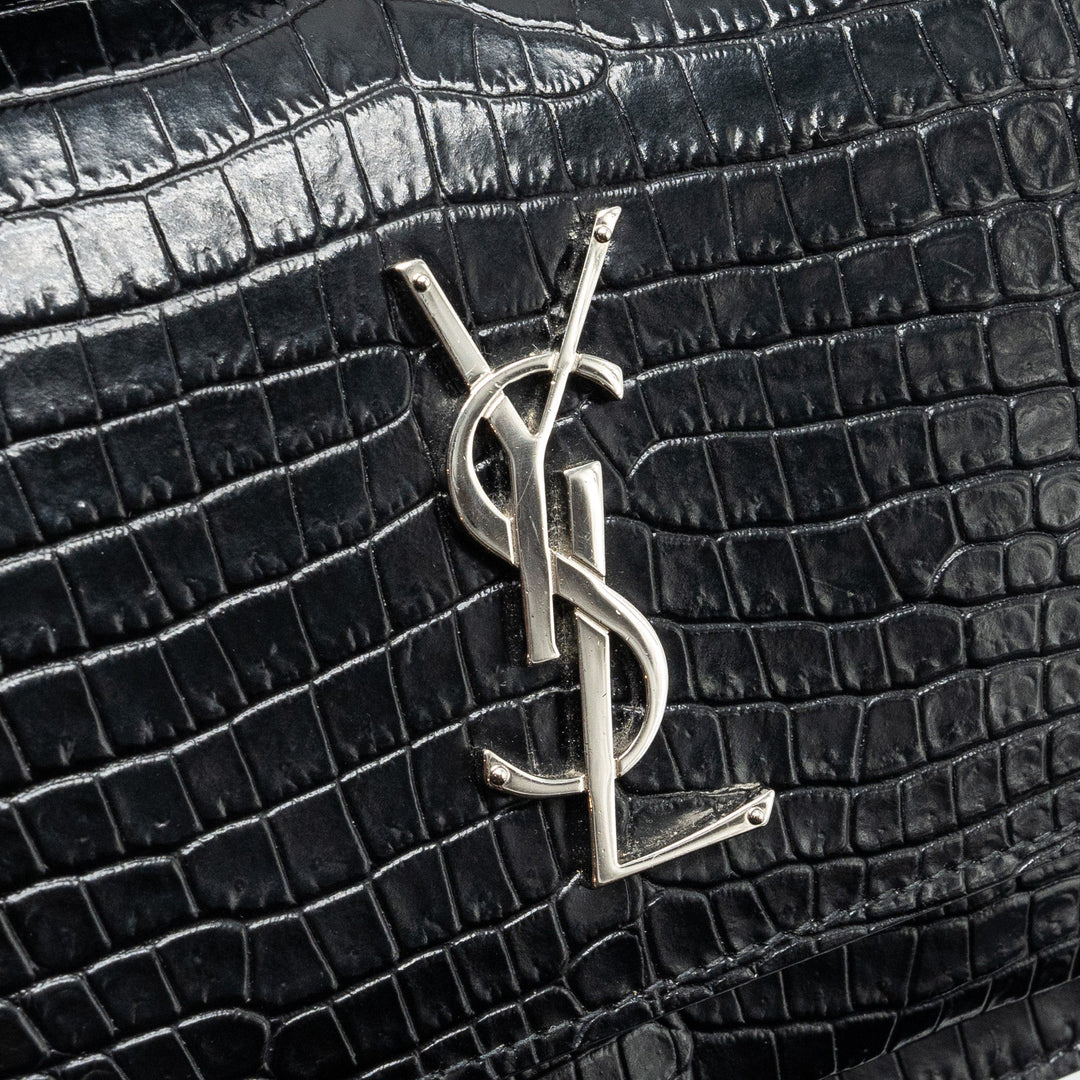 Saint Laurent/YSL Sunset Bag Croc-Embossed Calfskin Black SHW