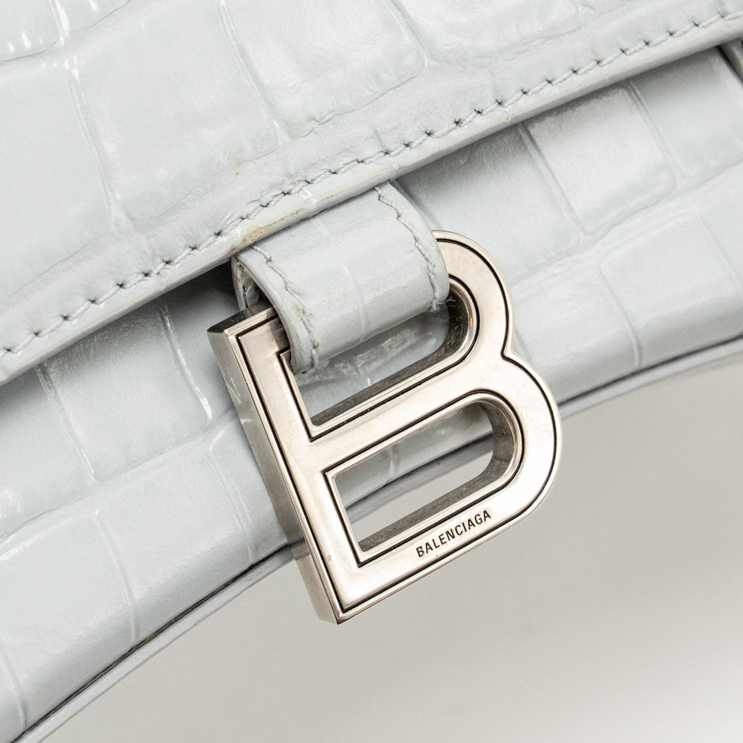 Top Quality Balenciaga Small Hourglass Bag Croc-embossed Calfskin Grey SHW