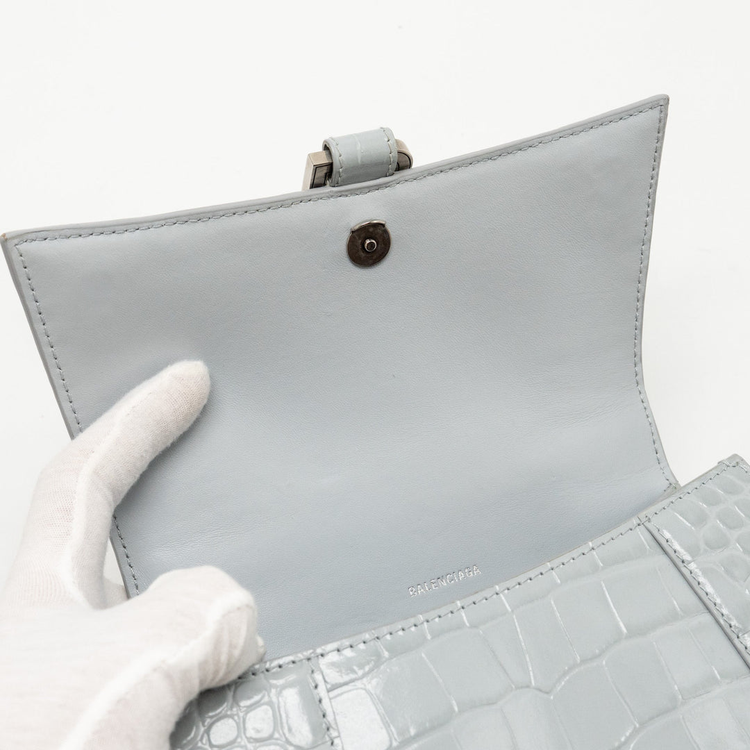 Top Quality Balenciaga Small Hourglass Bag Croc-embossed Calfskin Grey SHW