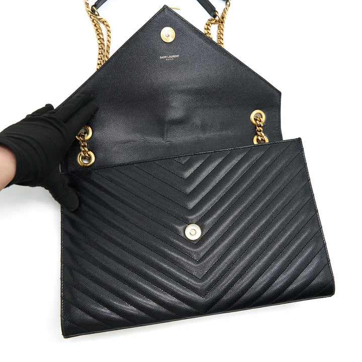 Saint Laurent / YSL Large Envelope Chain Flap Bag in Black Grain de Poudre