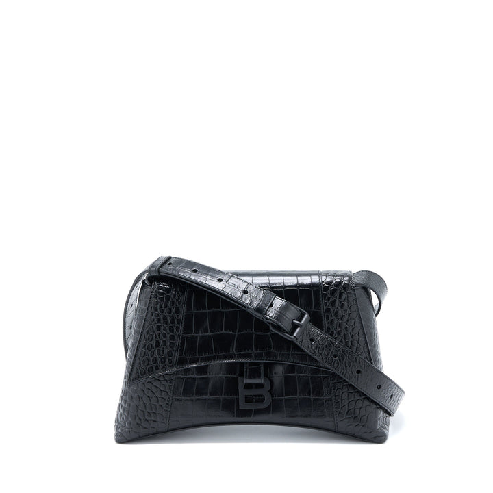Top Quality Balenciaga Small Downtown Shoulder Bag Croc Embossed Leather Black with Black Hardware