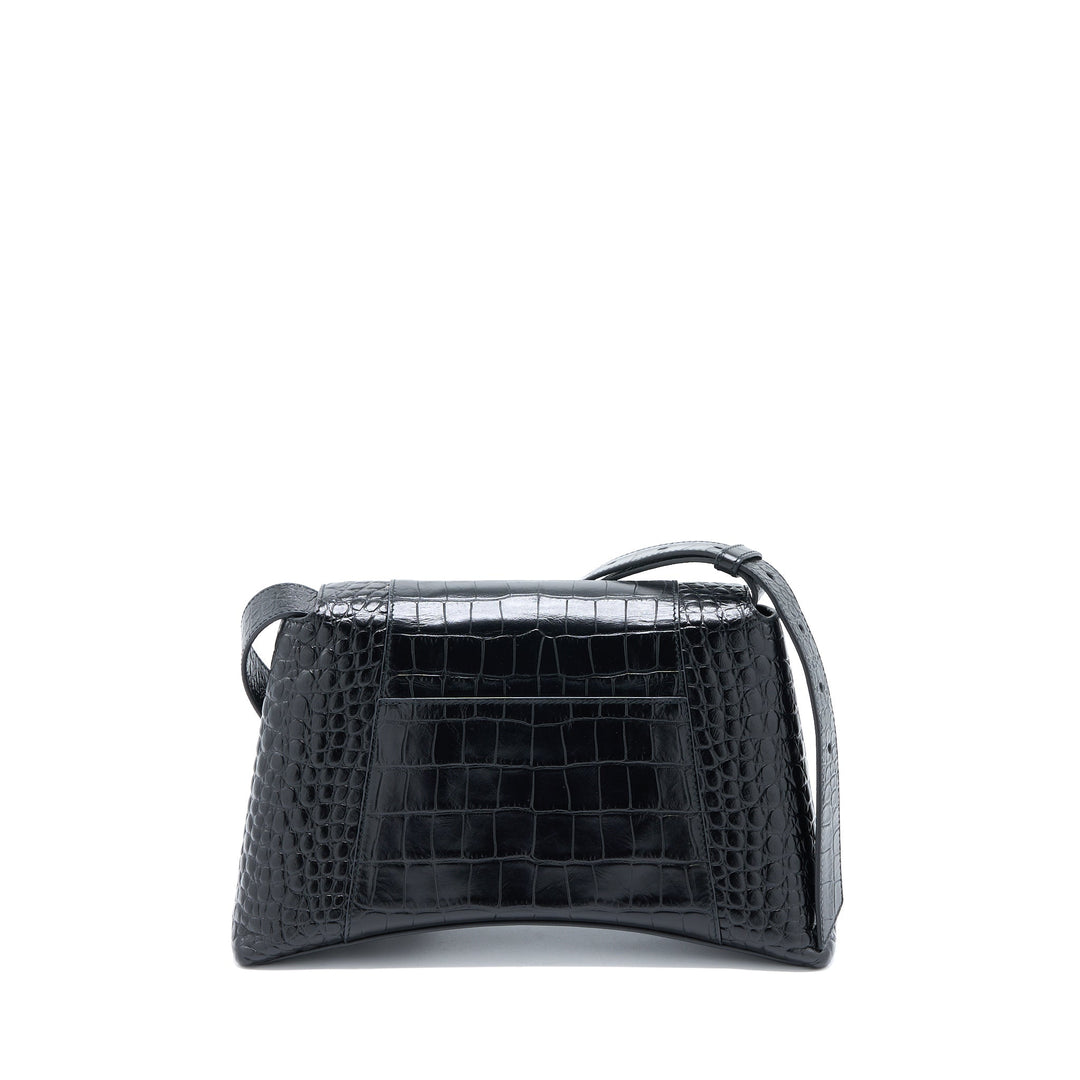 Top Quality Balenciaga Small Downtown Shoulder Bag Croc Embossed Leather Black with Black Hardware