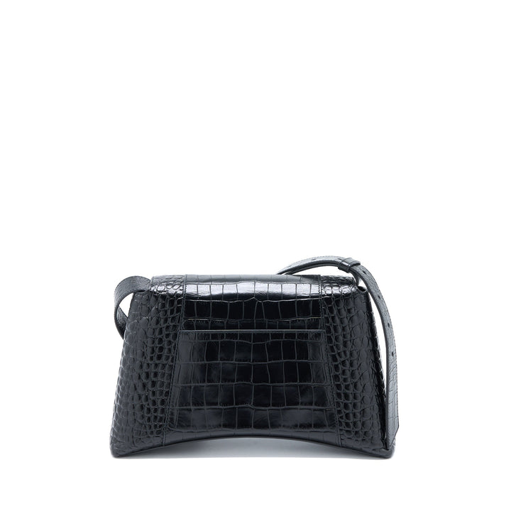 Top Quality Balenciaga Small Downtown Shoulder Bag Croc Embossed Leather Black with Black Hardware