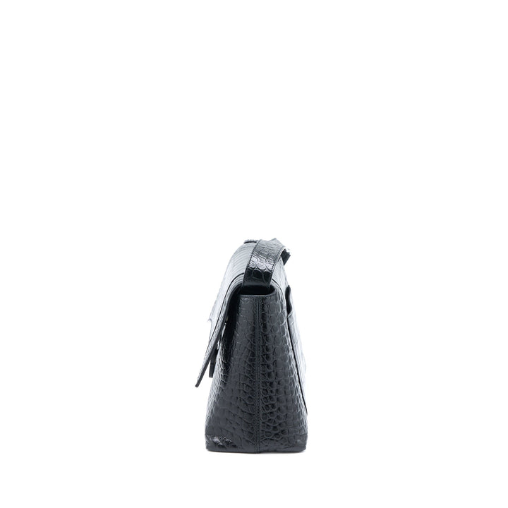 Top Quality Balenciaga Small Downtown Shoulder Bag Croc Embossed Leather Black with Black Hardware