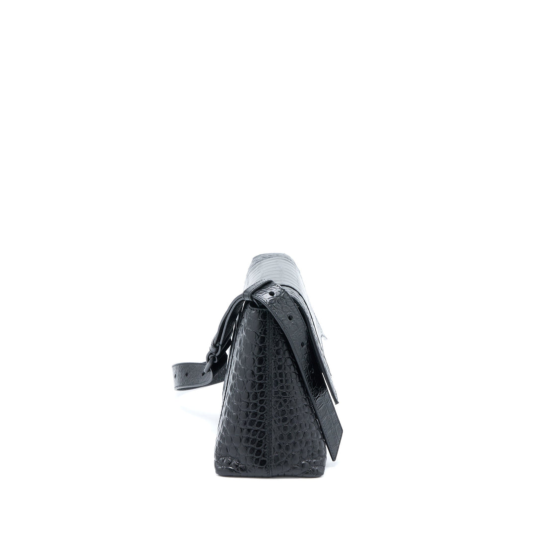 Top Quality Balenciaga Small Downtown Shoulder Bag Croc Embossed Leather Black with Black Hardware