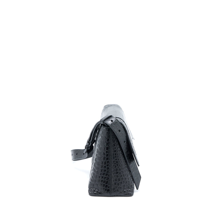 Top Quality Balenciaga Small Downtown Shoulder Bag Croc Embossed Leather Black with Black Hardware