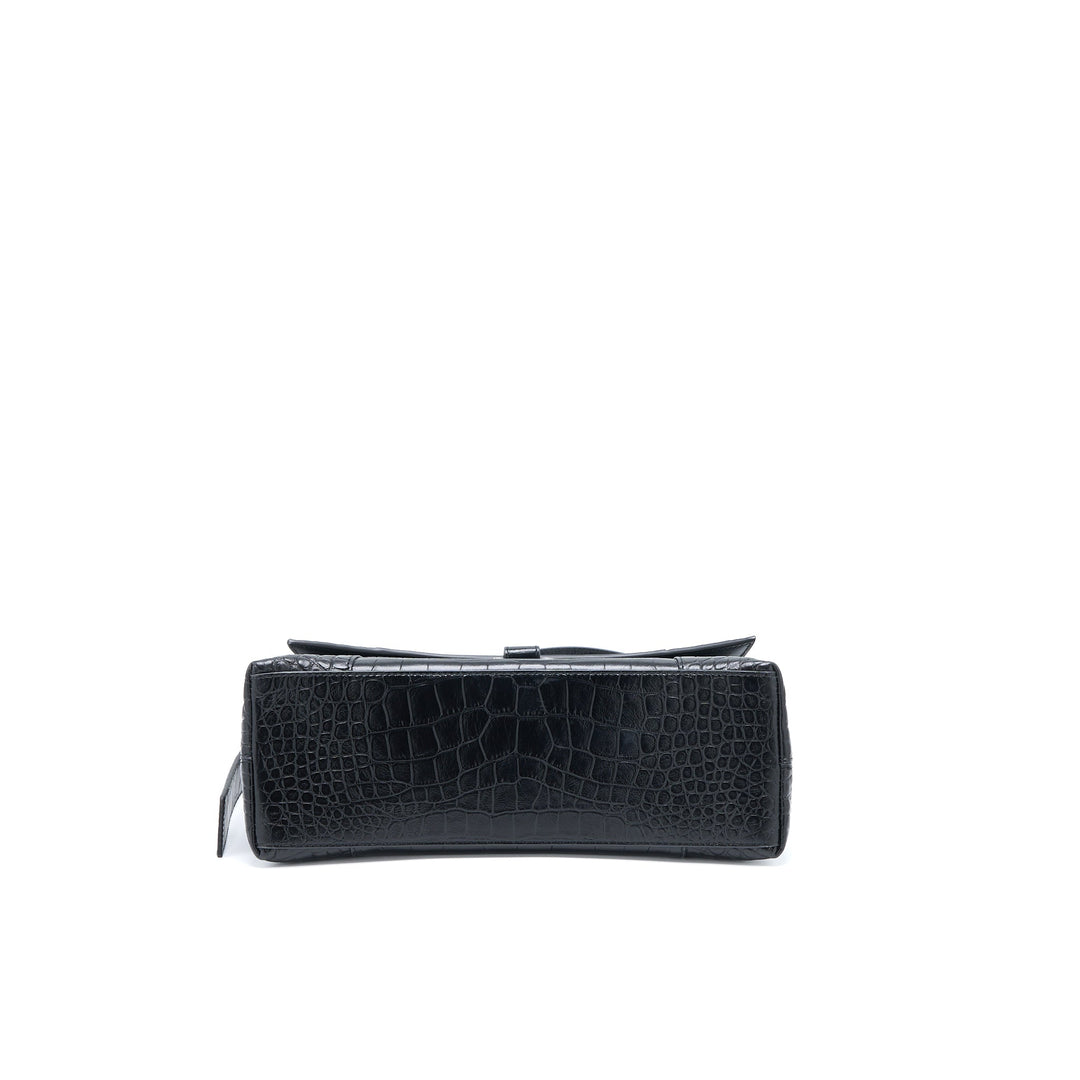 Top Quality Balenciaga Small Downtown Shoulder Bag Croc Embossed Leather Black with Black Hardware