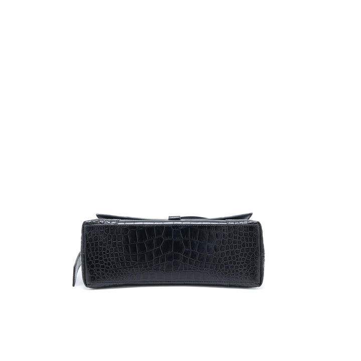 Top Quality Balenciaga Small Downtown Shoulder Bag Croc Embossed Leather Black with Black Hardware