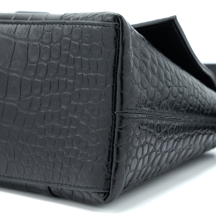 Top Quality Balenciaga Small Downtown Shoulder Bag Croc Embossed Leather Black with Black Hardware