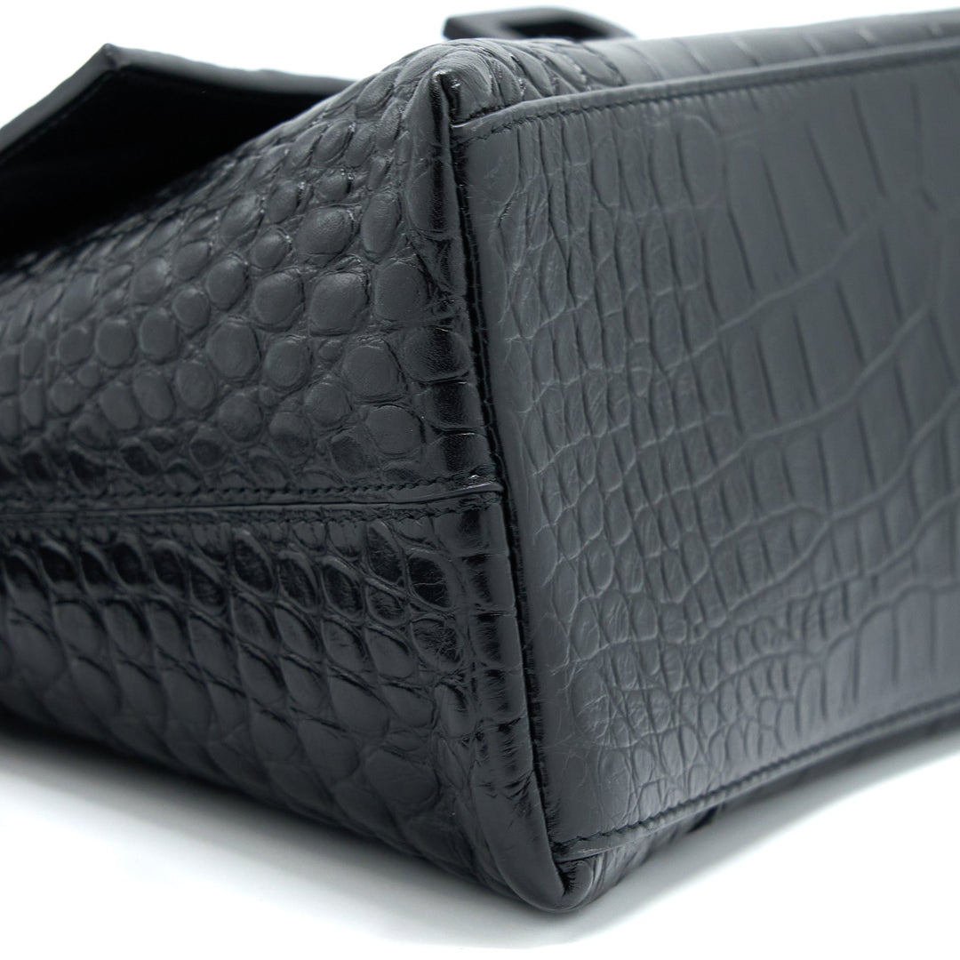Top Quality Balenciaga Small Downtown Shoulder Bag Croc Embossed Leather Black with Black Hardware