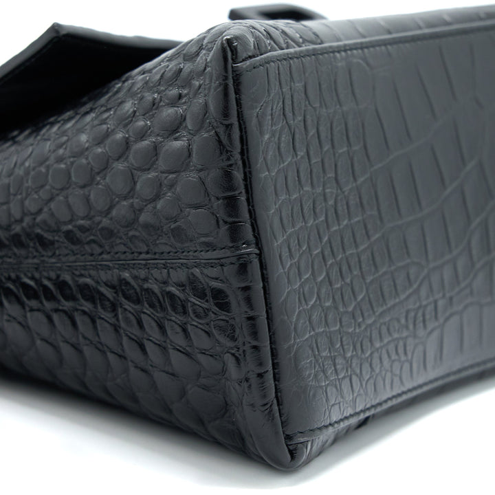 Top Quality Balenciaga Small Downtown Shoulder Bag Croc Embossed Leather Black with Black Hardware